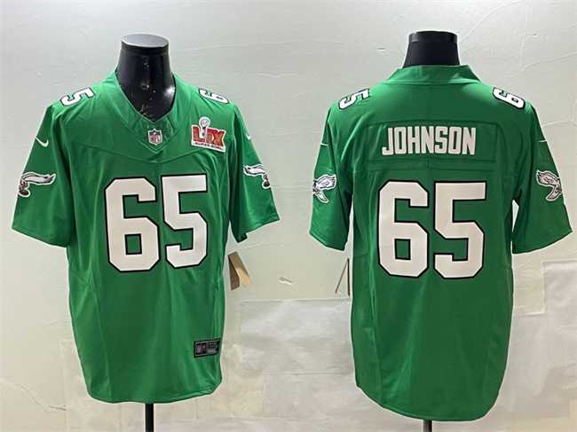Mens Philadelphia Eagles #65 Lane Johnson Green 2025 Super Bowl LIX Patch F.U.S.E. Throwback Vapor Untouchable Limited Stitched Jersey Dzhi